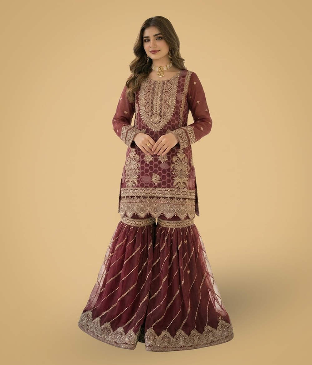 Deep Maroon Zardozi & Resham Worked Gharara Set