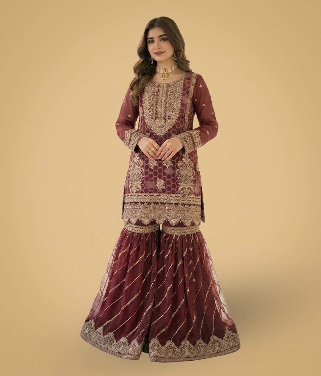 Deep Maroon Zardozi & Resham Worked Gharara Set