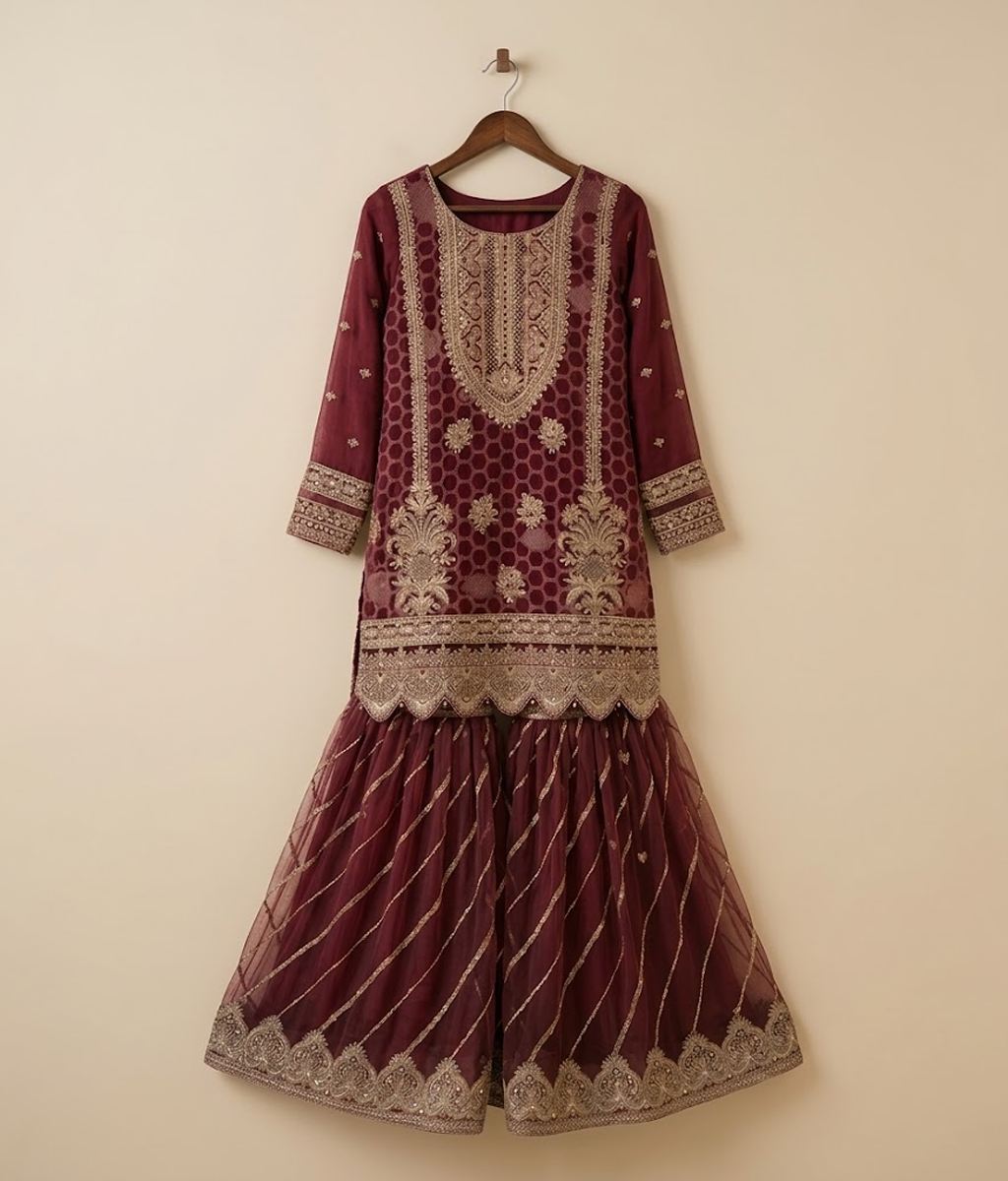 Deep Maroon Zardozi & Resham Worked Gharara Set