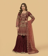 Deep Maroon Zardozi & Scalloped Gharara Set