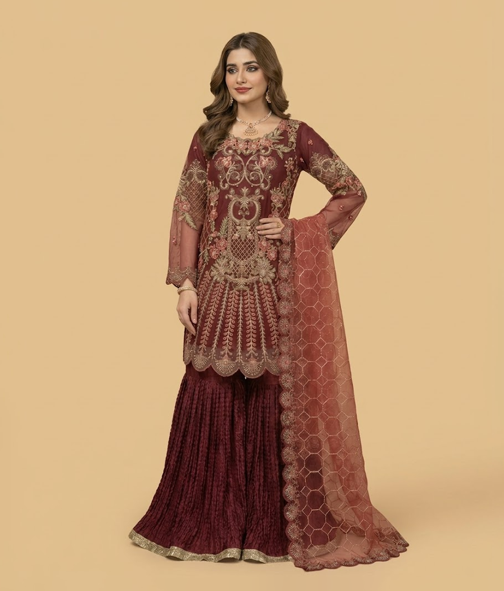 Deep Maroon Zardozi & Scalloped Gharara Set