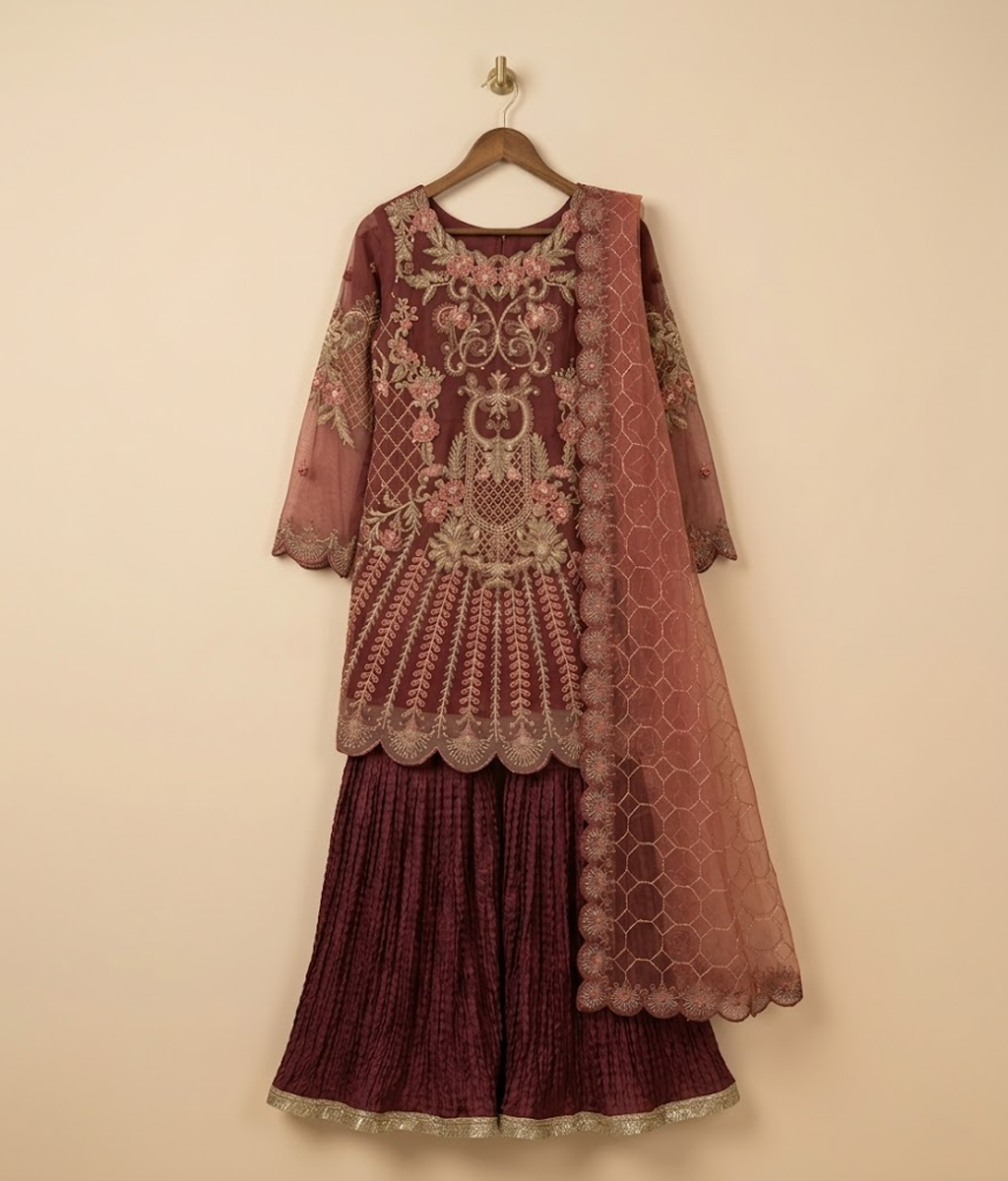 Deep Maroon Zardozi & Scalloped Gharara Set