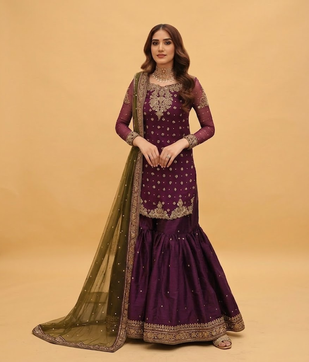 Deep Plum Hand-Embellished Zardozi Gharara