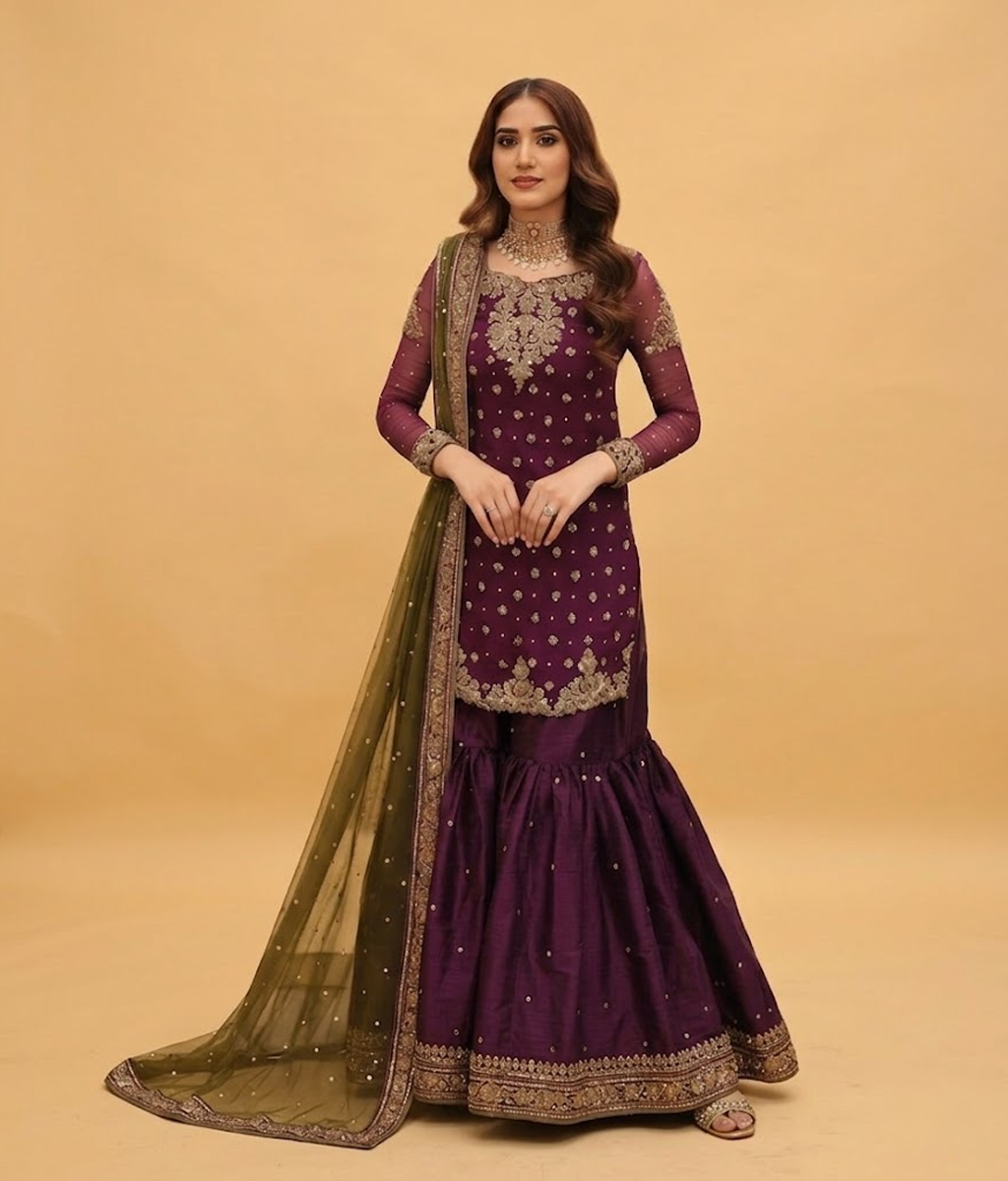 Deep Plum Hand-Embellished Zardozi Gharara