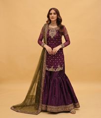 Deep Plum Hand-Embellished Zardozi Gharara