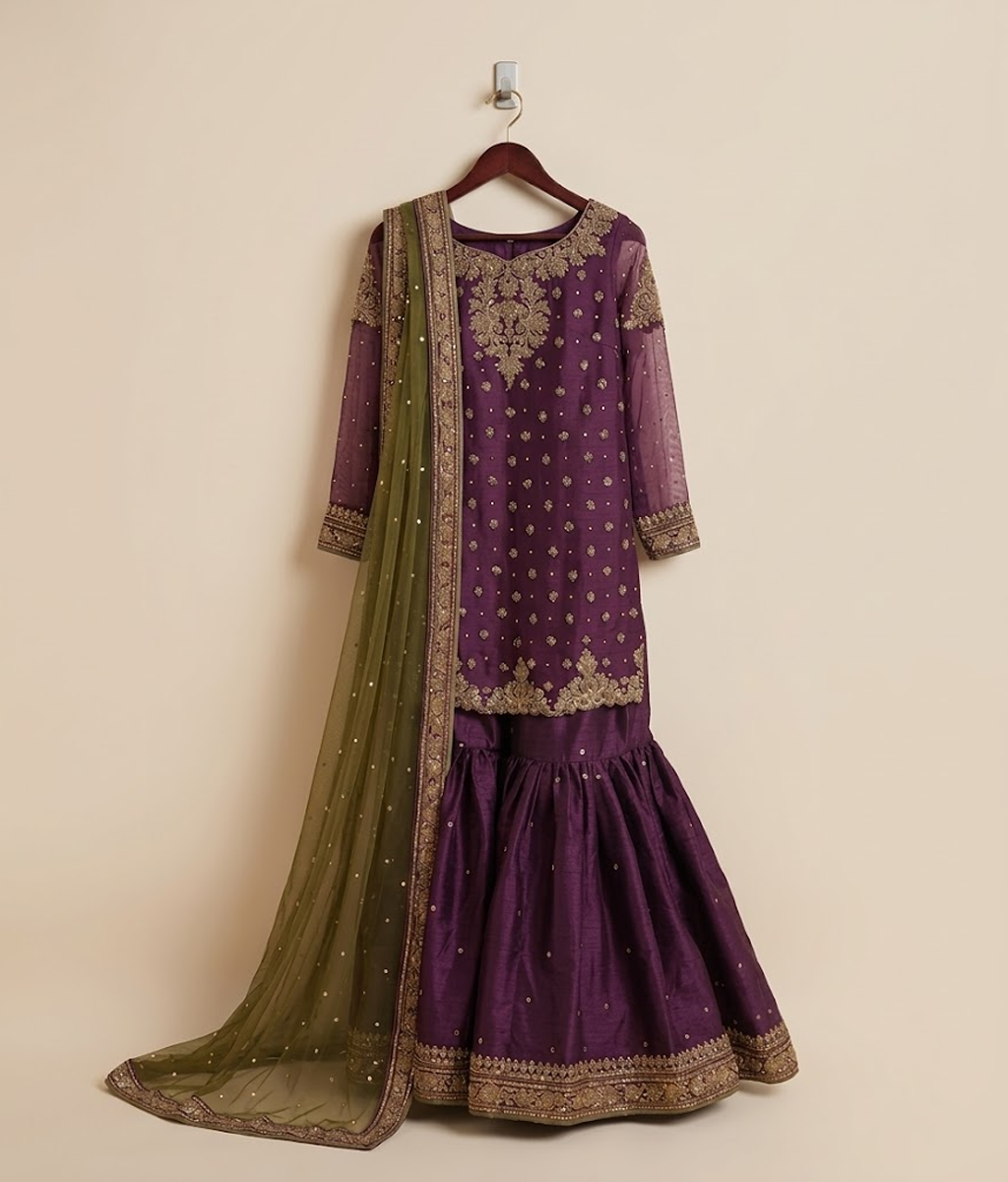 Deep Plum Hand-Embellished Zardozi Gharara