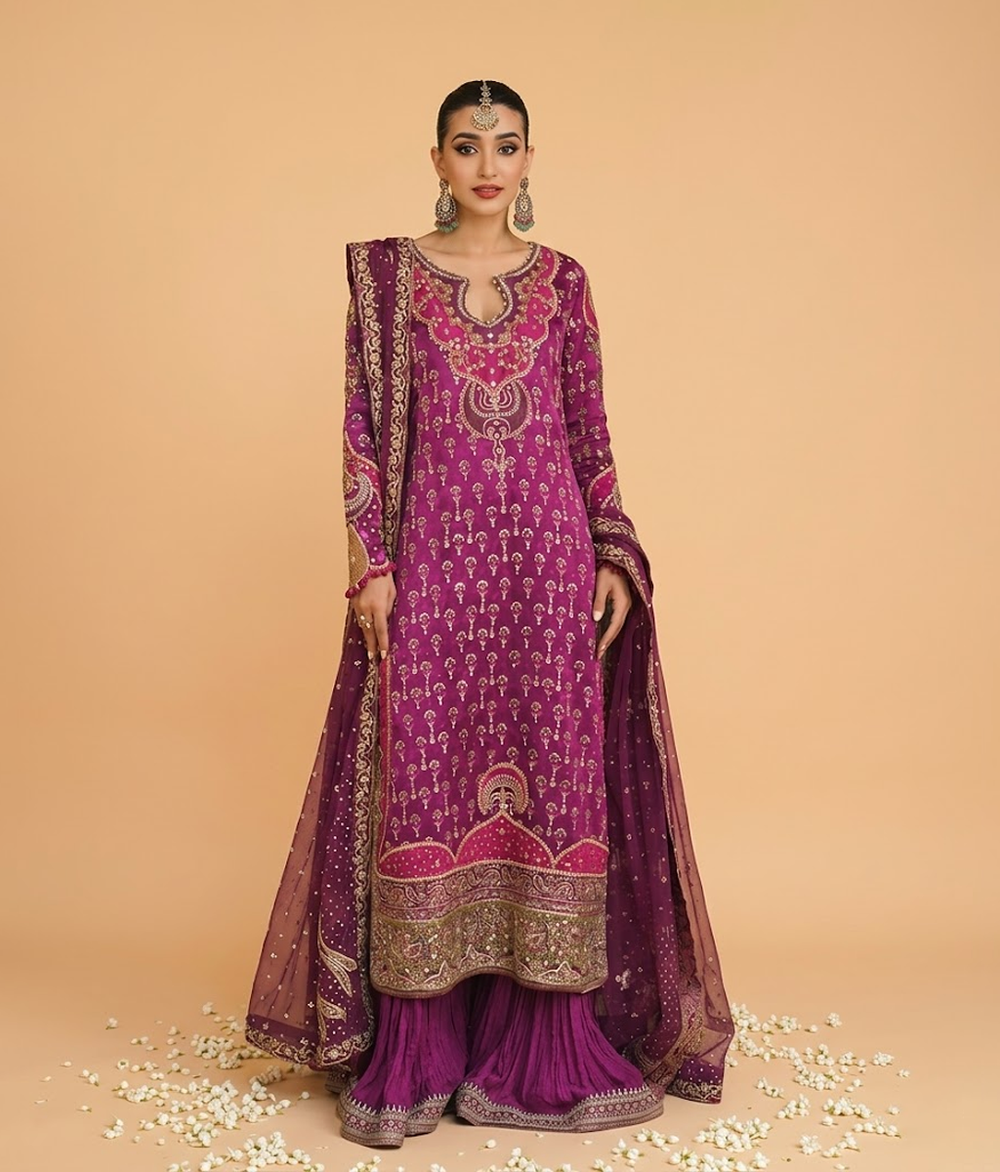 Deep Plum and Gold Tilla Worked Gharara