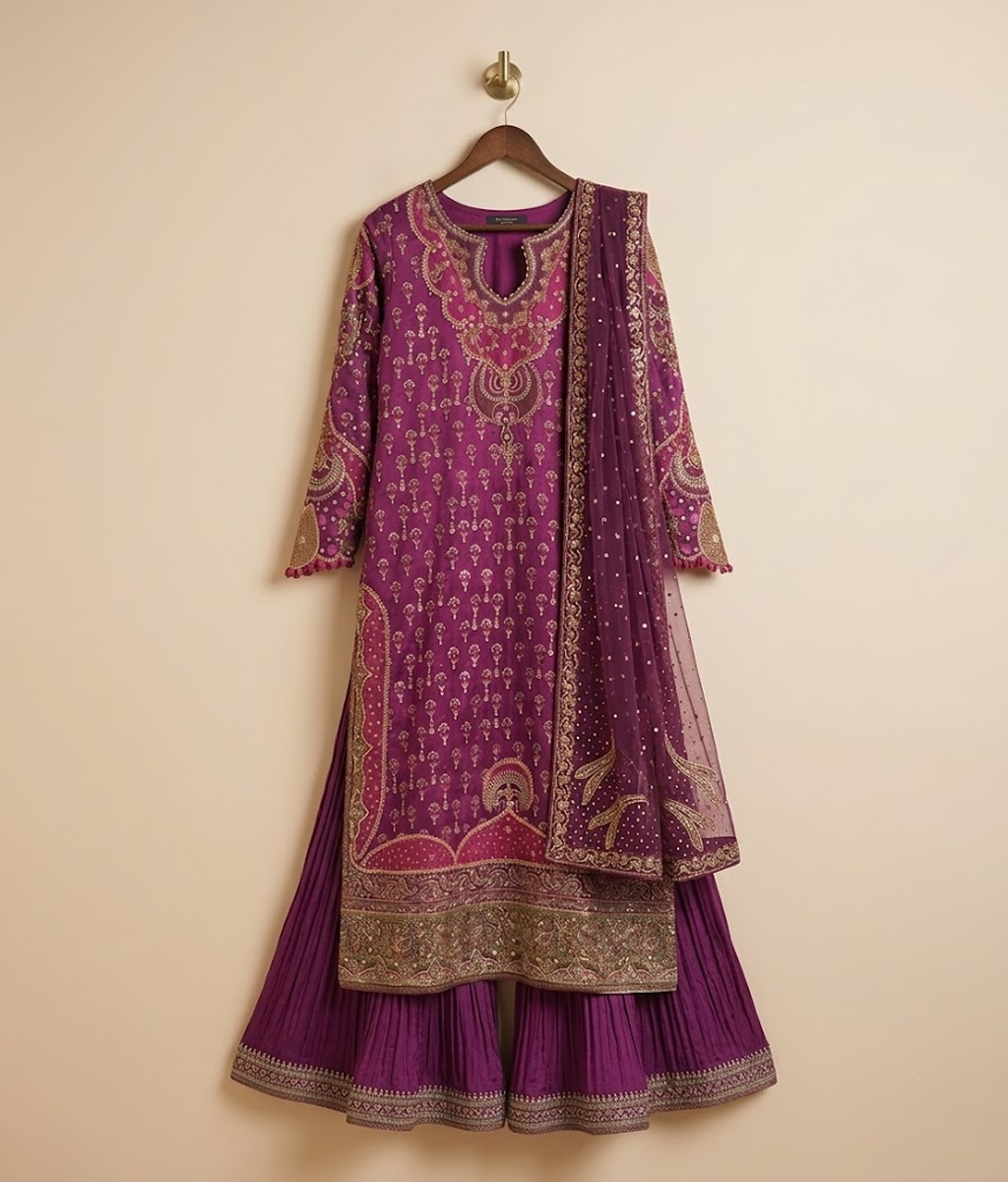Deep Plum and Gold Tilla Worked Gharara