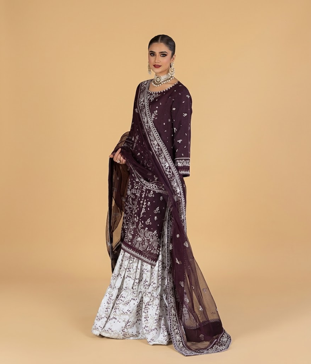 Deep Plum and Silver Tilla Worked Gharara