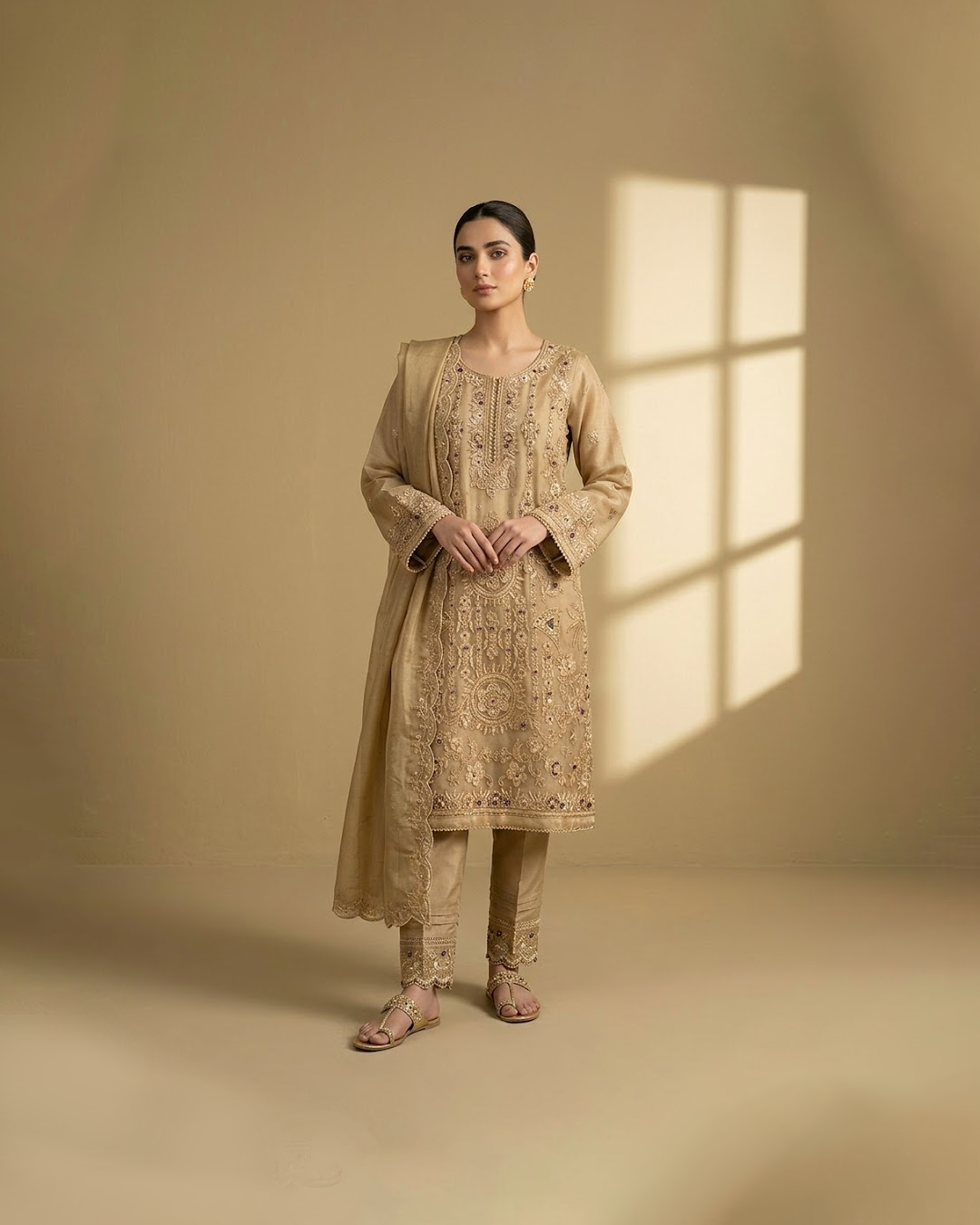 Dessert Brown Raw Silk embroidered suit