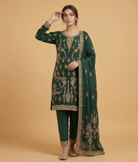 Raw Silk 3 Piece Suit Heavy Dabka Work with Dupatta and Plain Trousers