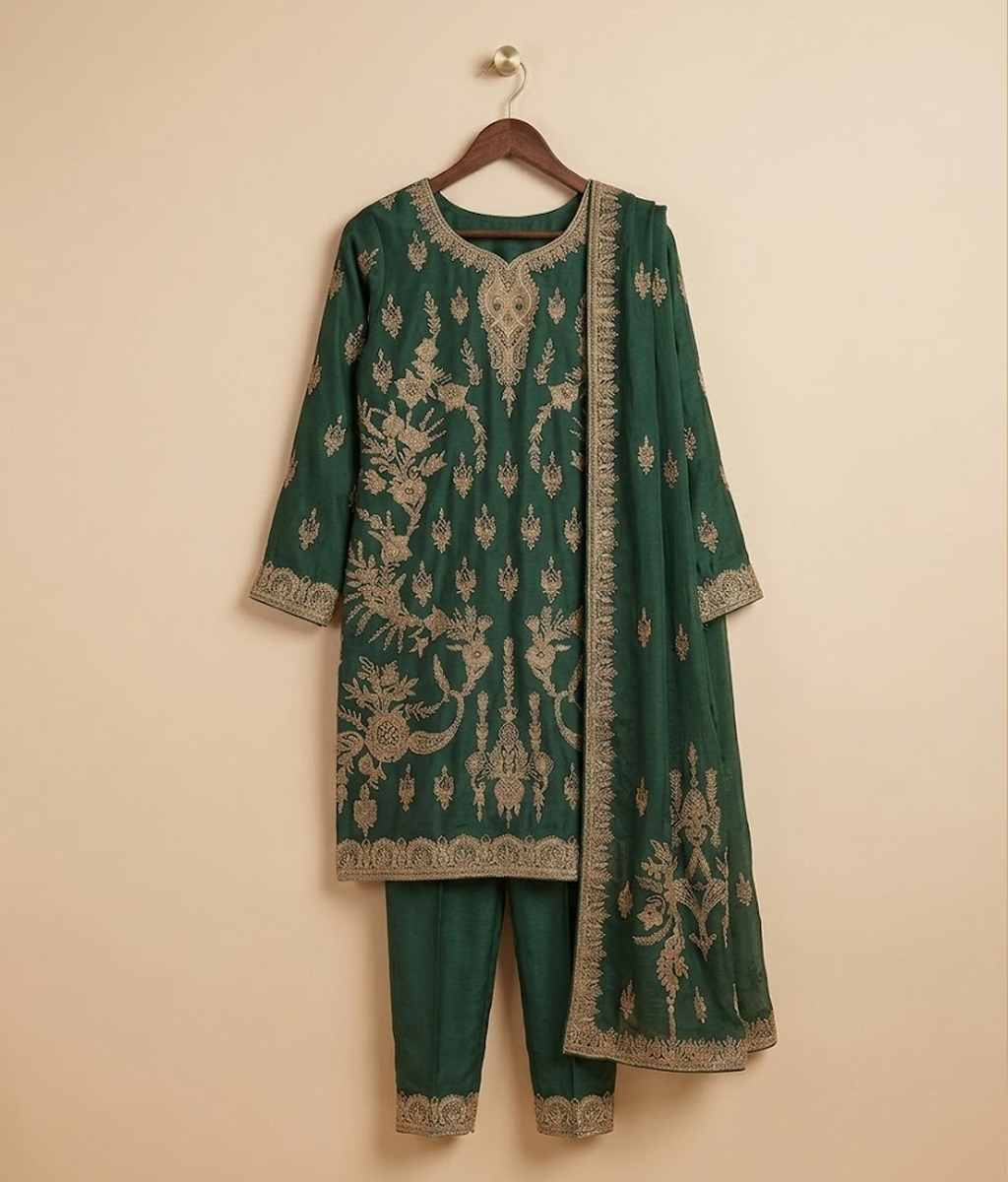 Raw Silk 3 Piece Suit Heavy Dabka Work with Dupatta and Plain Trousers