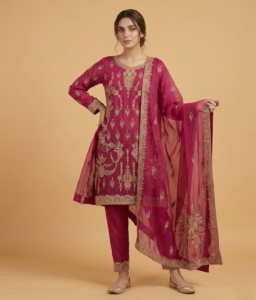 Raw Silk 3 Piece Suit Heavy Dabka Work with Dupatta and Plain Trousers