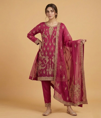 Raw Silk 3 Piece Suit Heavy Dabka Work with Dupatta and Plain Trousers