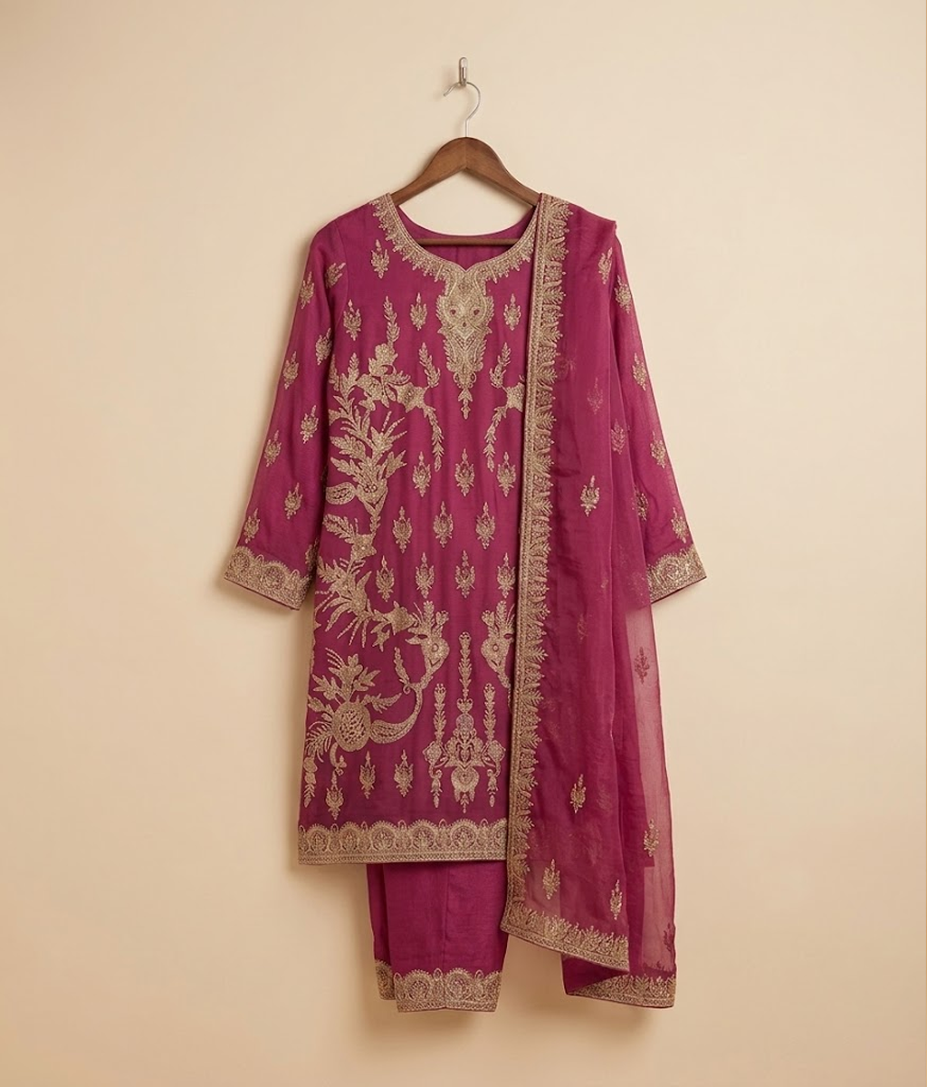 Raw Silk 3 Piece Suit Heavy Dabka Work with Dupatta and Plain Trousers