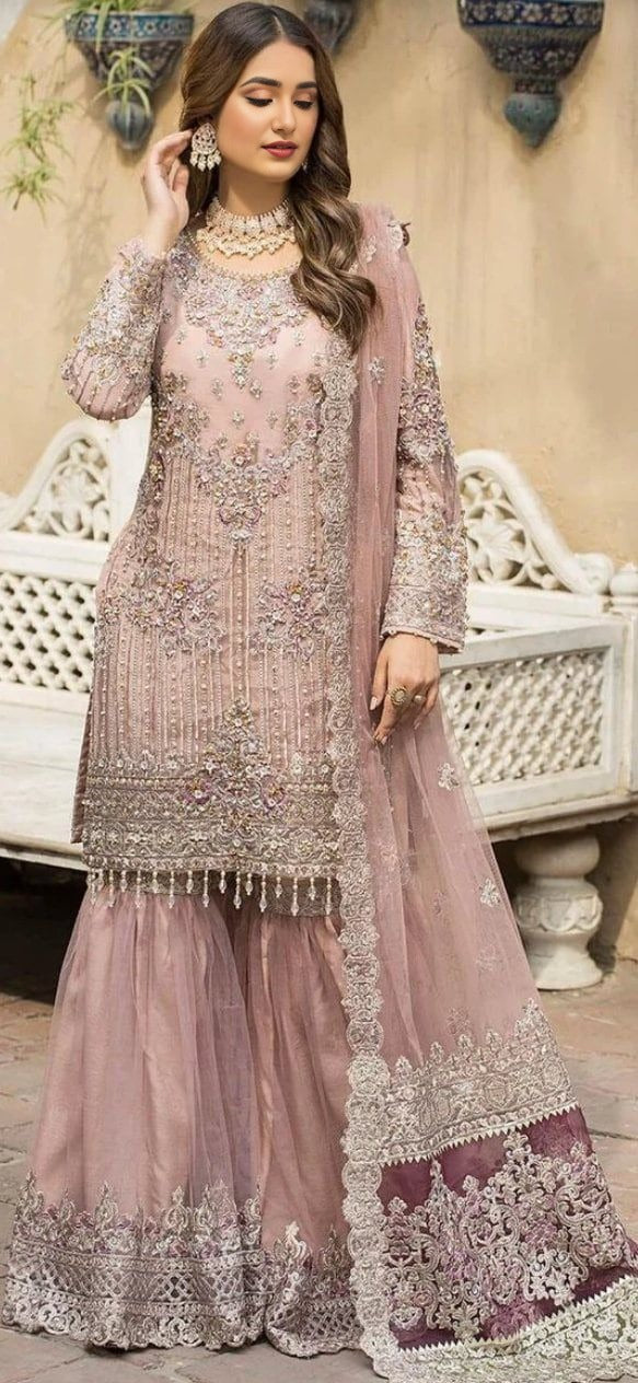 Dusty Rose Crystal & Sequin Detailed Gharara