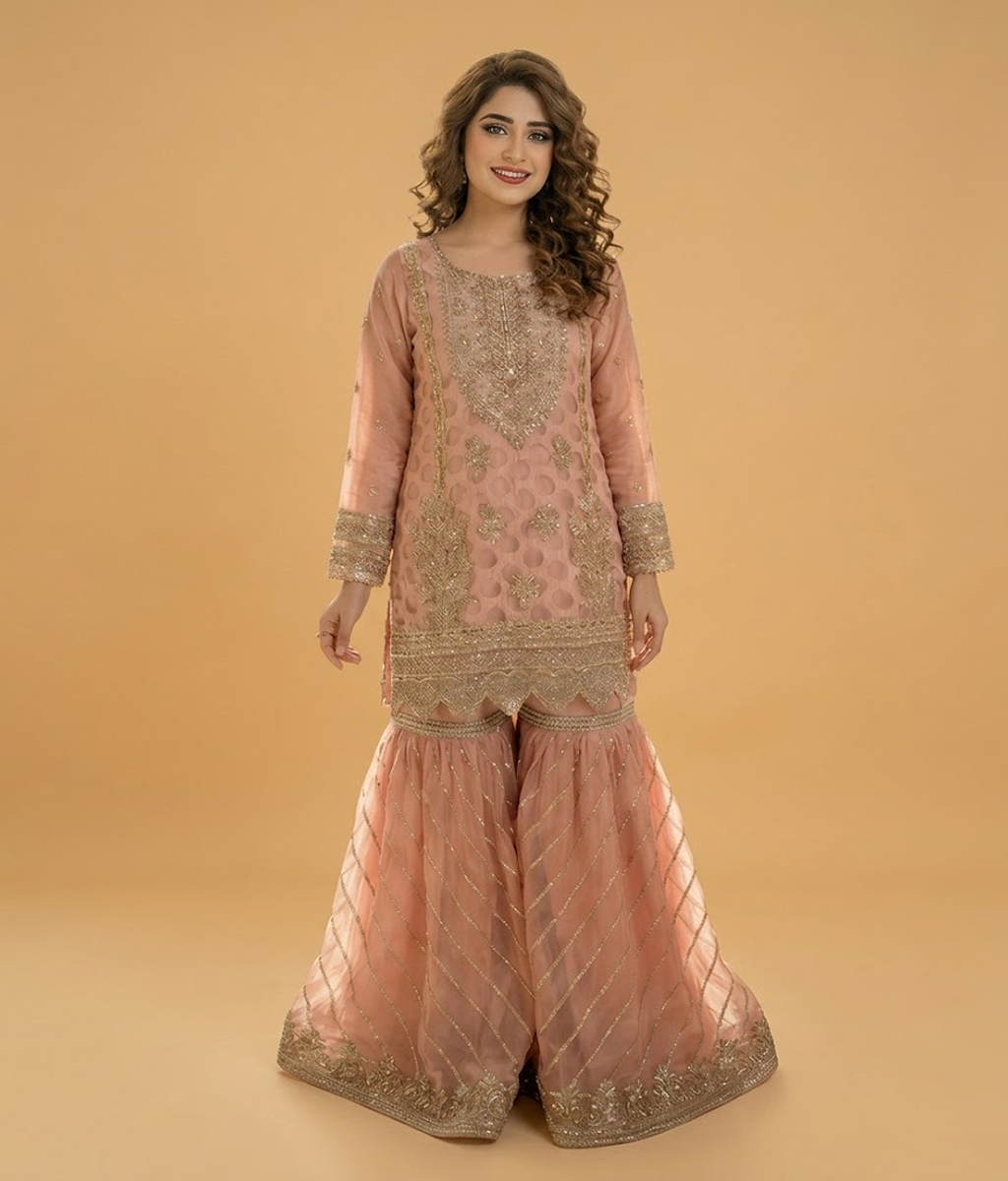 Dusty Peach Vasli & Sequin Embellished Gharara