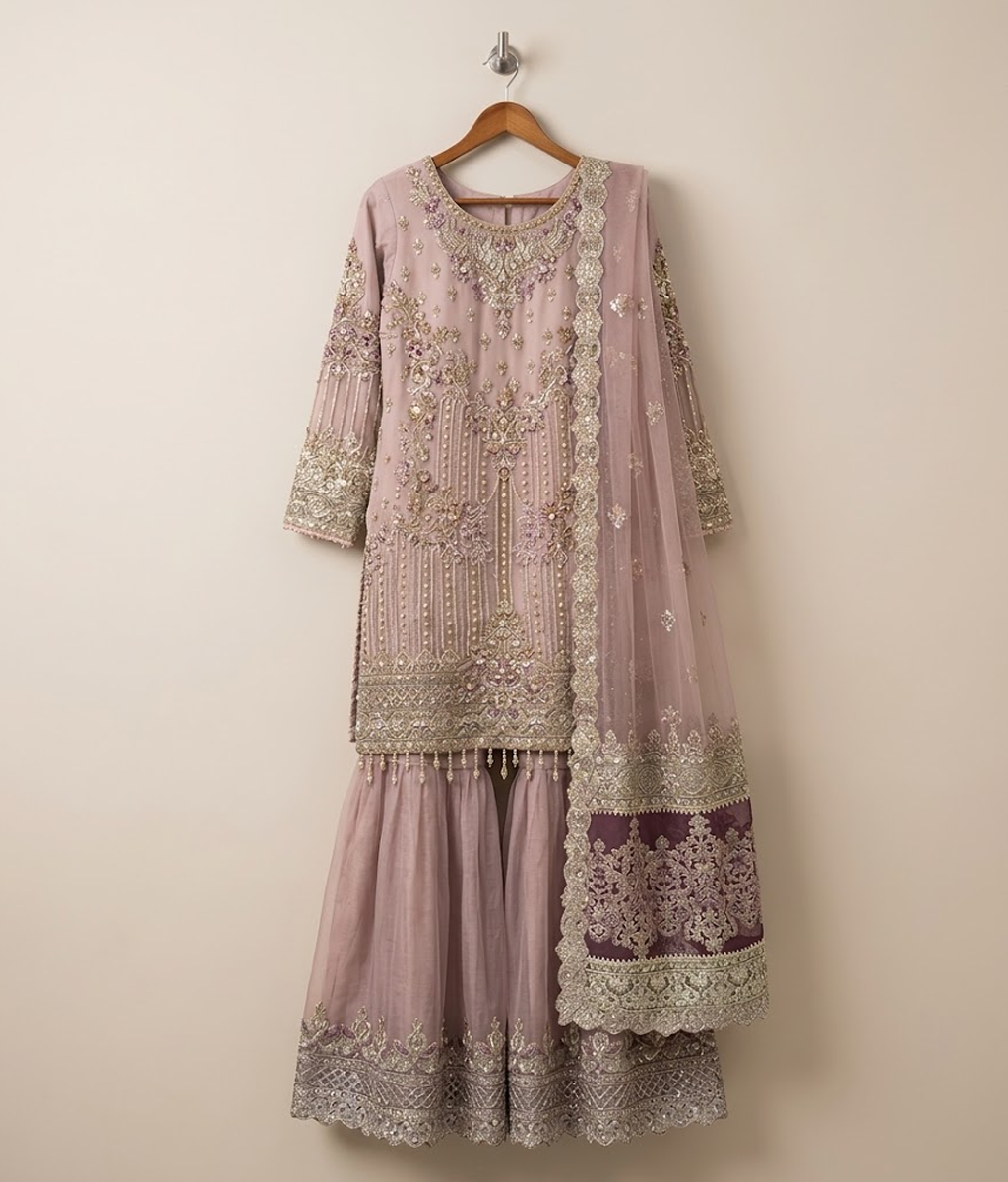 Dusty Rose Crystal & Sequin Detailed Gharara