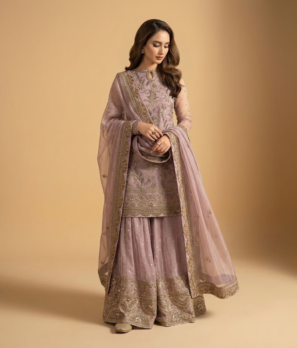 Dusty Rose Gold Thread & Tilla Gharara