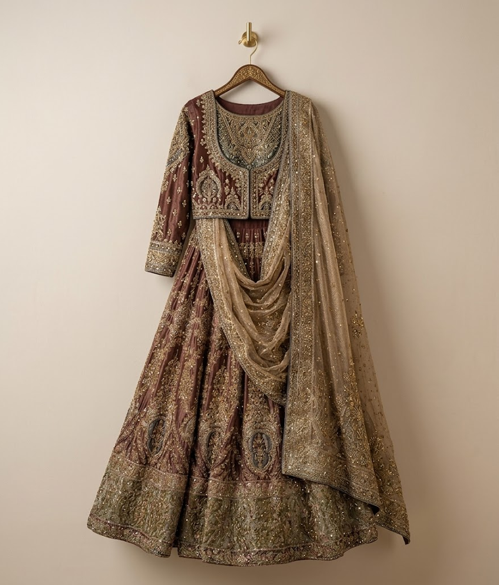 Earth Brown & Sage Zardozi Bridal Lehnga