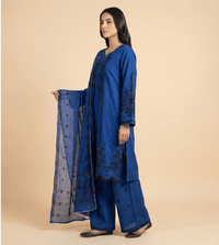 Electric Blue Cotton Embroidered A-Line 3 Piece Suit