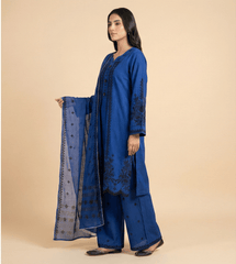 Electric Blue Cotton Embroidered A-Line 3 Piece Suit