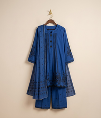 Electric Blue Cotton Embroidered A-Line 3 Piece Suit