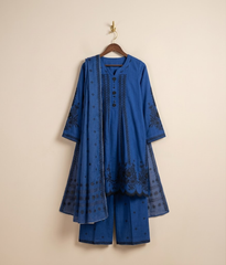 Electric Blue Cotton Embroidered A-Line 3 Piece Suit