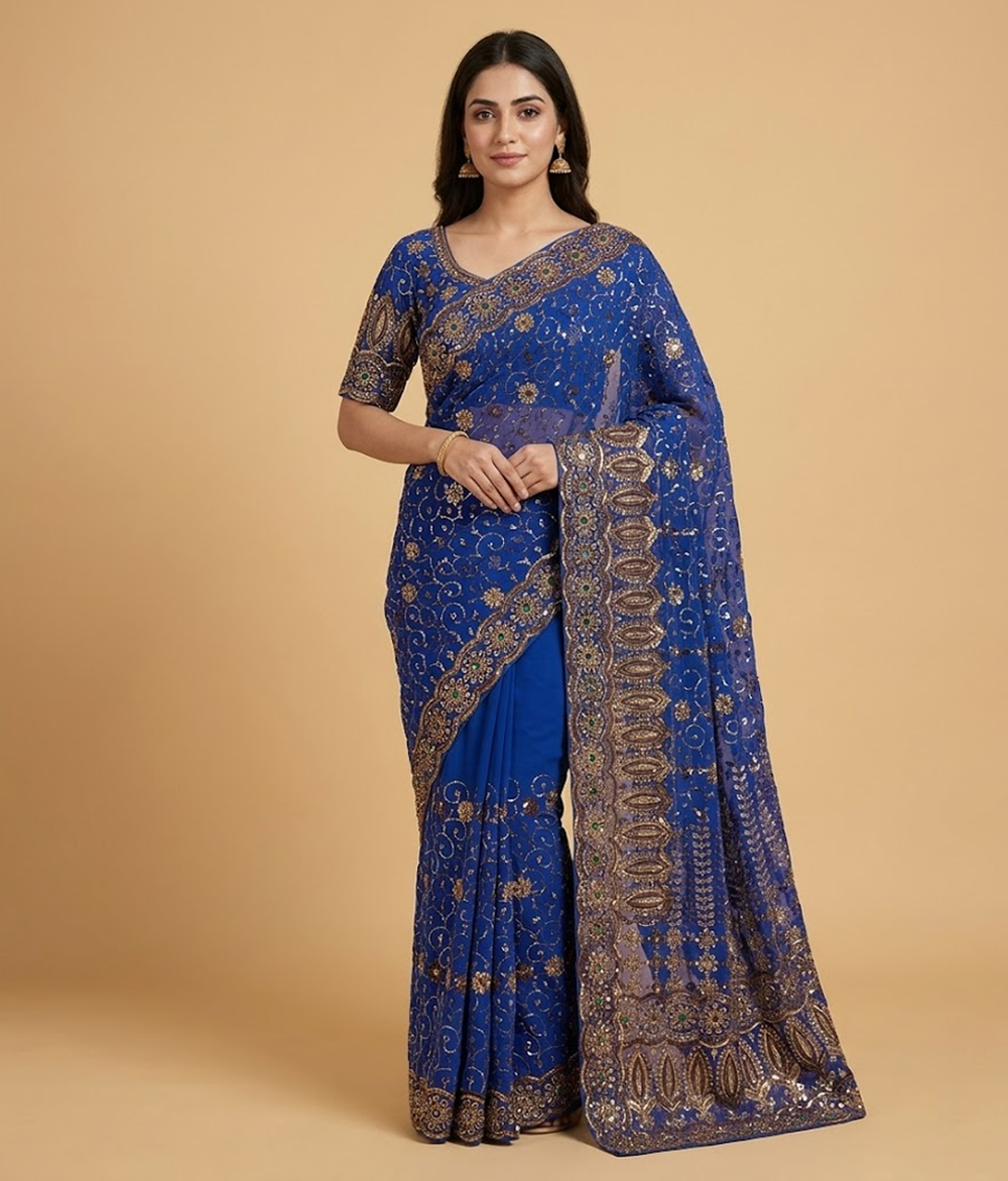 Electric Blue Crinkle Chiffon Sequin & Tilla Work Saree