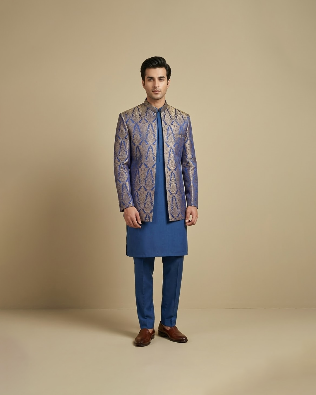 Electric Blue Jamawar Open Prince Coat