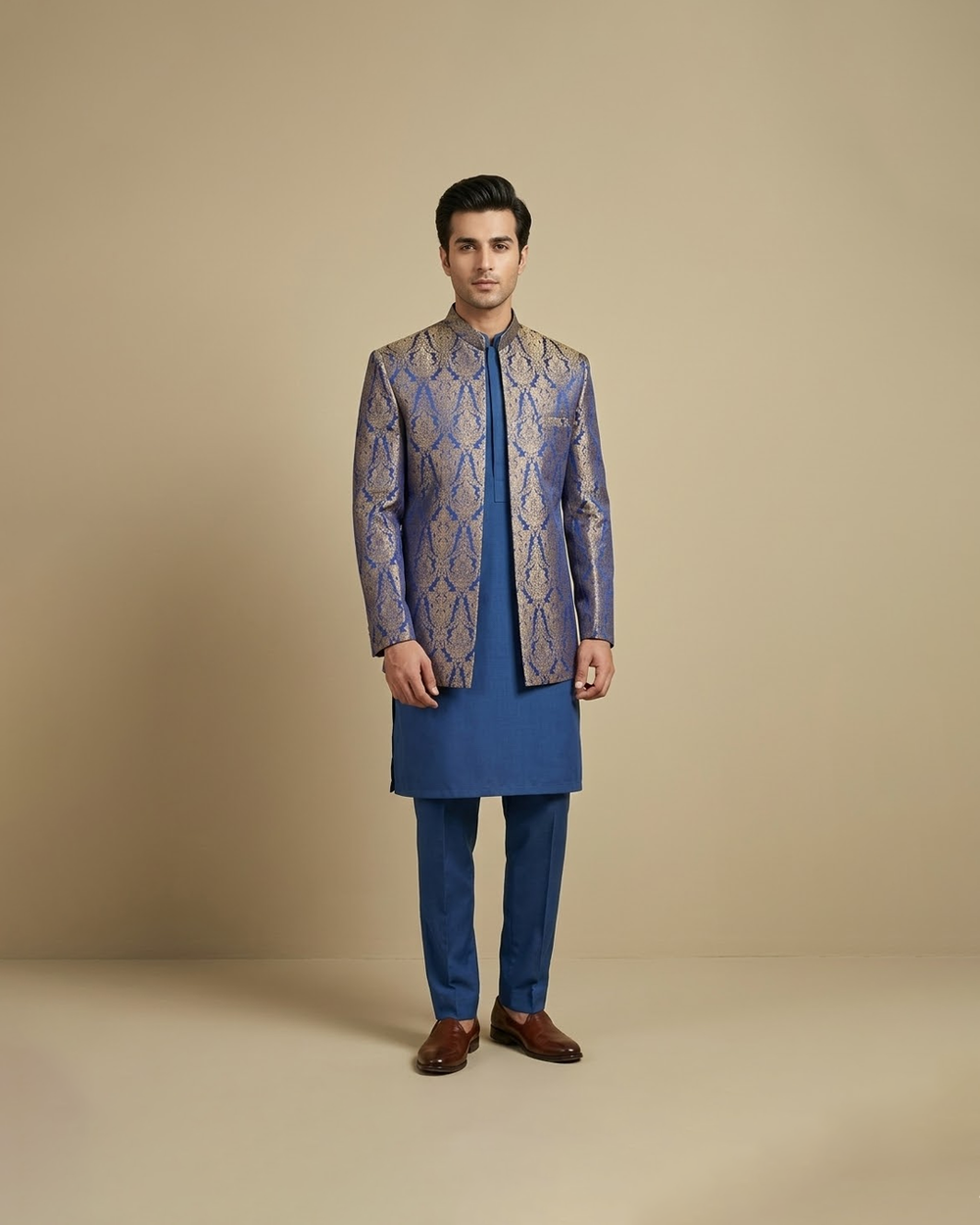 Electric Blue Jamawar Open Prince Coat