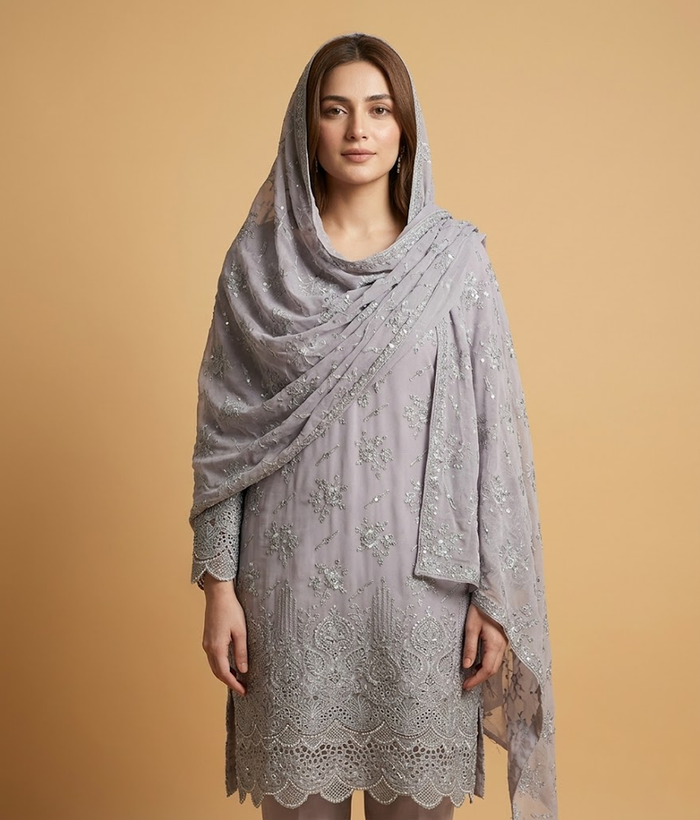 Embroidered Mesh Chiffon 2 Piece Shirt and Dupatta