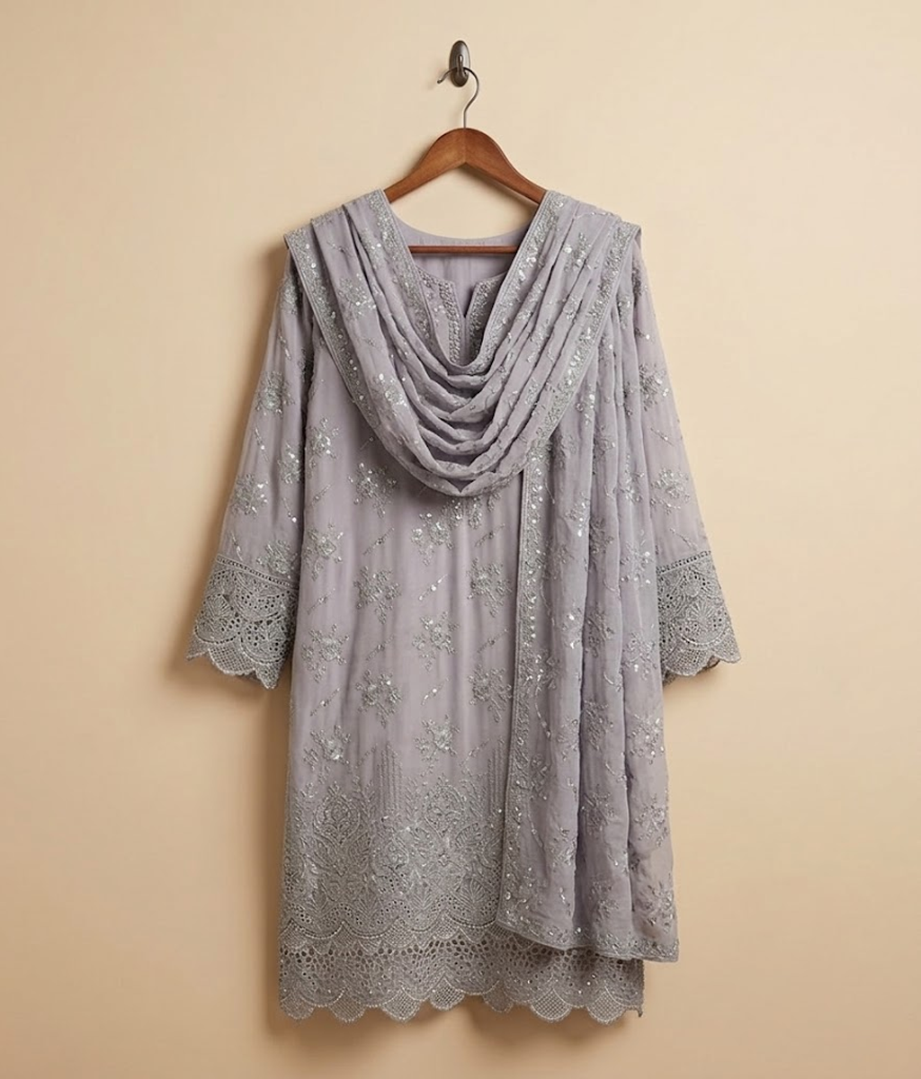 Embroidered Mesh Chiffon 2 Piece Shirt and Dupatta
