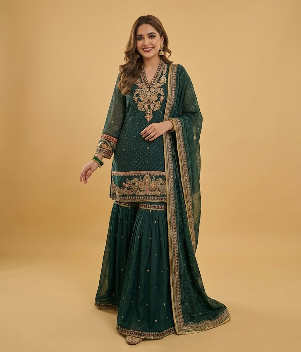 Emerald Green Gold Zardozi & Gota Patti Gharara