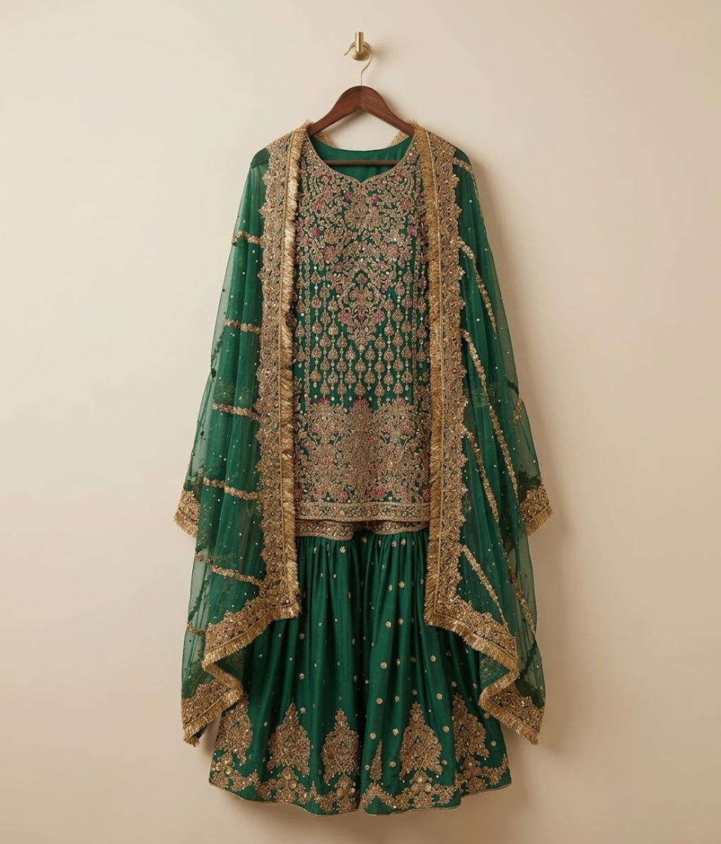 Emerald Green Gota & Zari Detailed Gharara