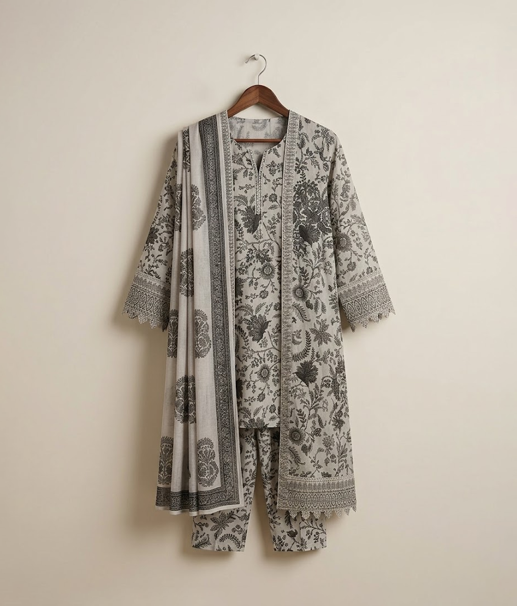 Floral printed 3 piece cotton suit Image