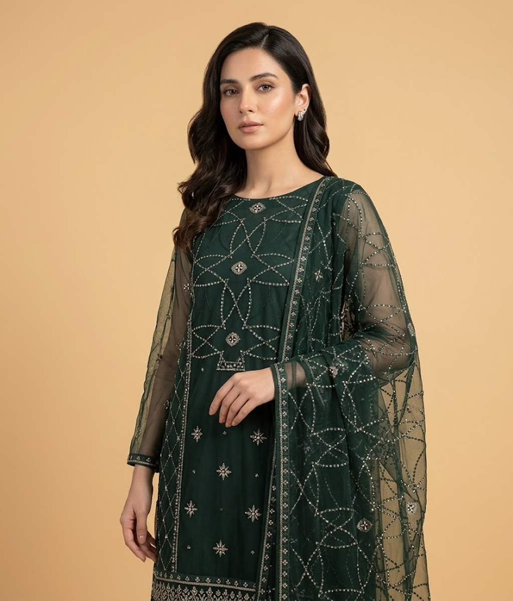Forest green Lattice Jaal Chiffon 2 Piece