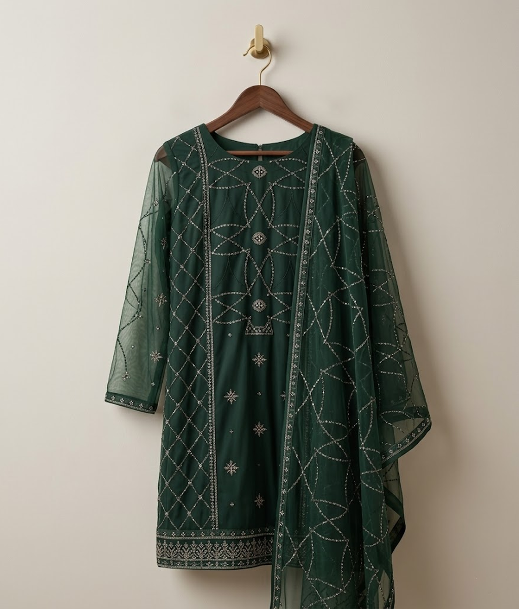 Forest green Lattice Jaal Chiffon 2 Piece