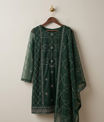 Forest green Lattice Jaal Chiffon 2 Piece