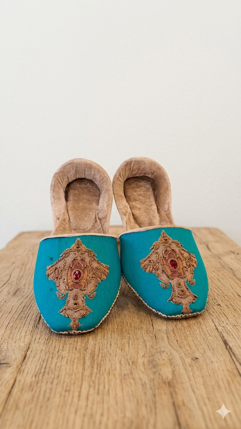 Sea Green Padded Khussa with Tilla Work and Stone