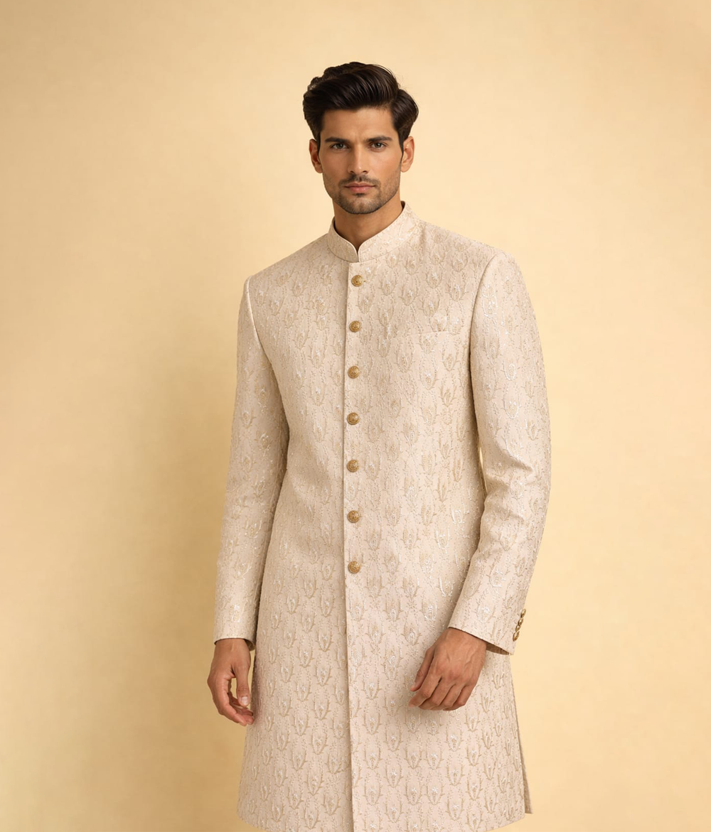 Gold Patterned rawsilk Sherwani