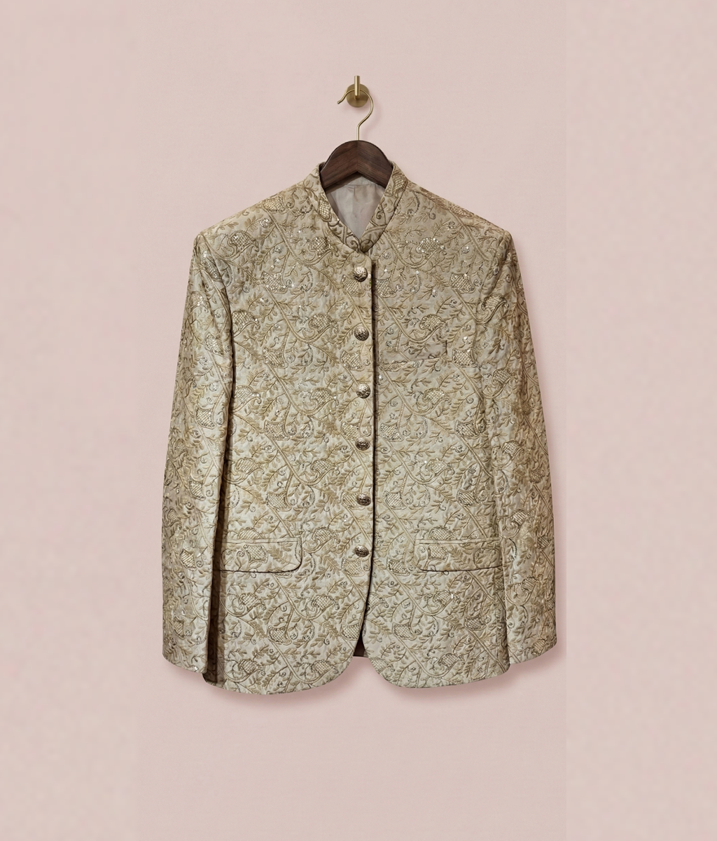 Gold Dust Floral Embroidered Raw Silk Prince Coat