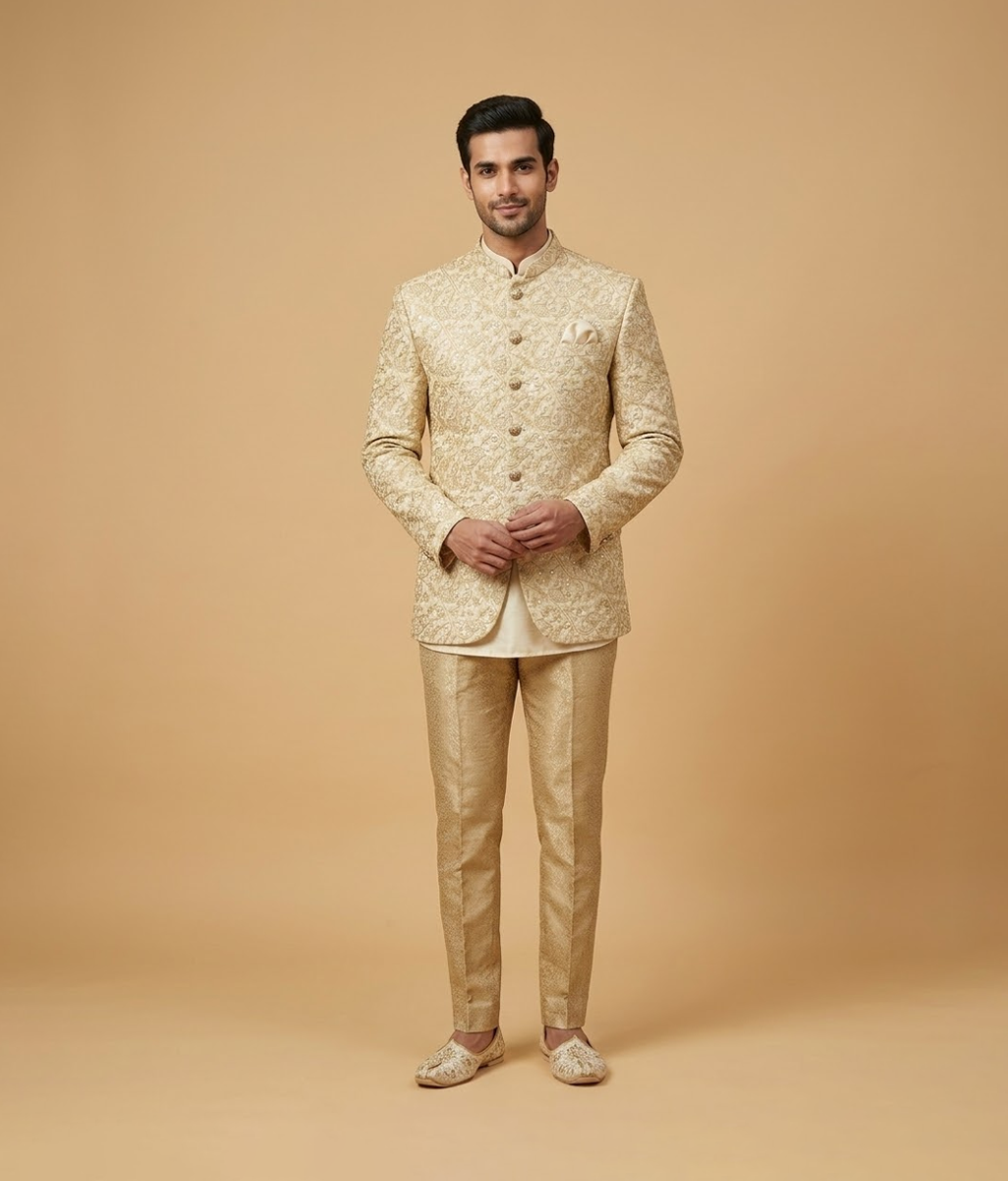 Gold Dust Floral Embroidered Raw Silk Prince Coat