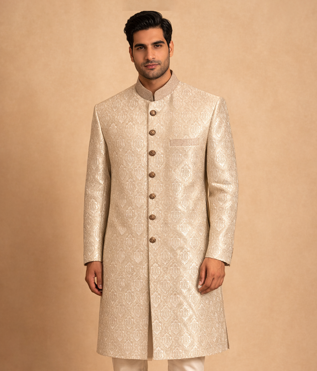 Gold Dust leaves patterned jamawar sherwani