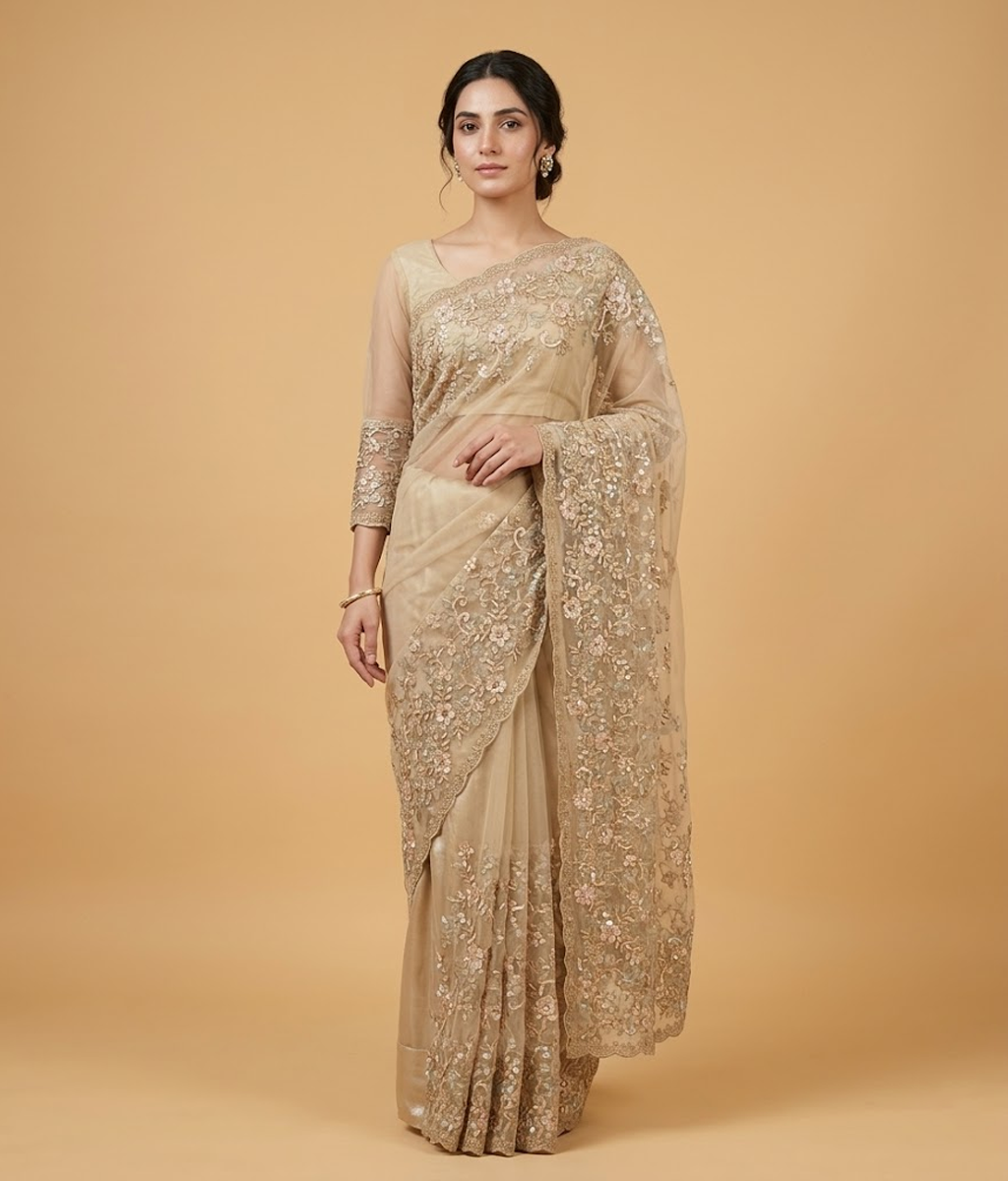 Gold Embroidered Multi-toned Net Saree