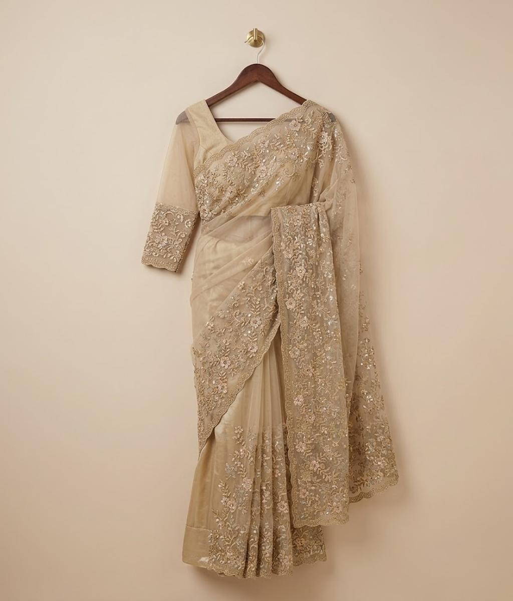 Gold Embroidered Multi-toned Net Saree