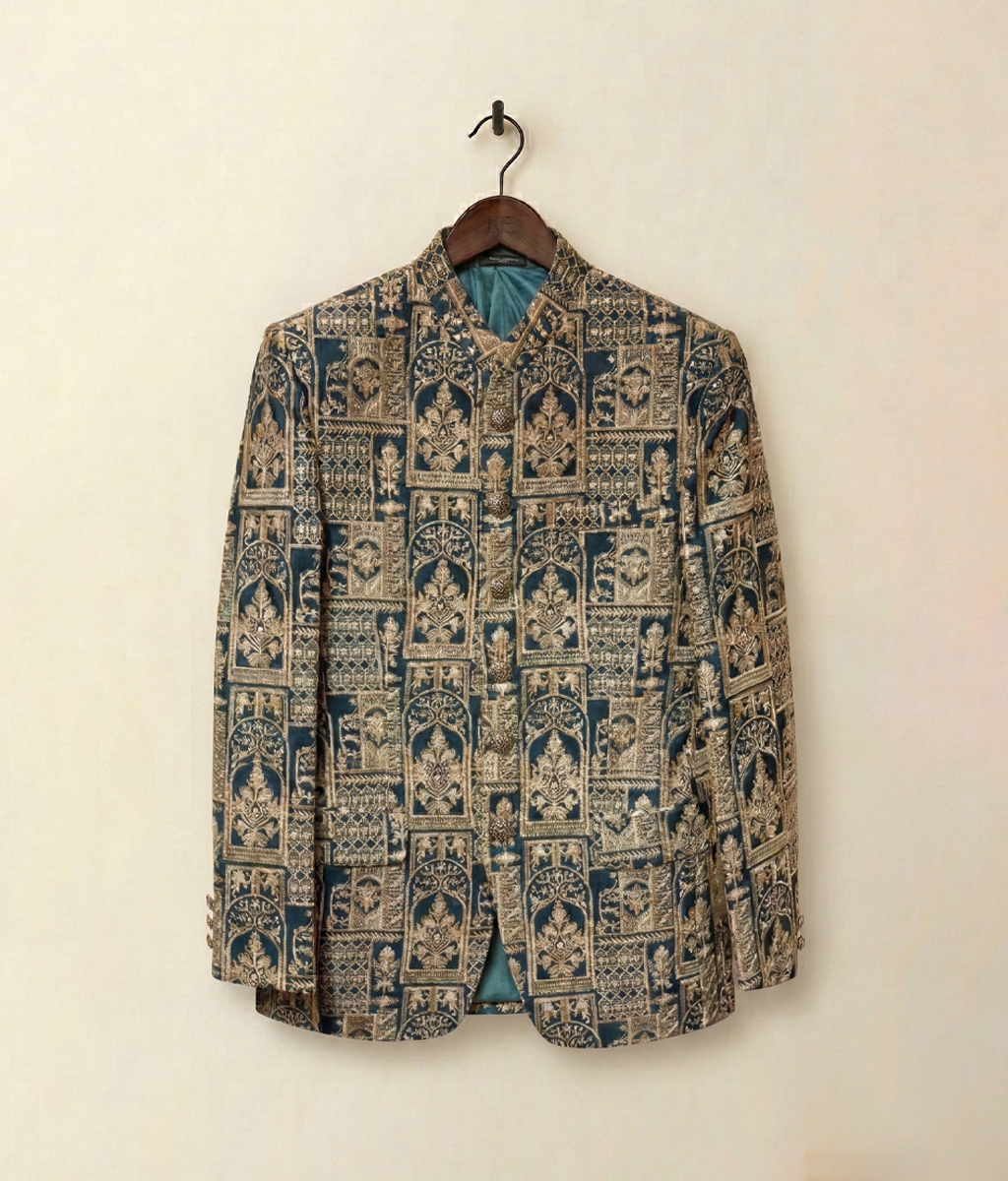 Gold Navy Royal  Sequence Embroidered Raw Silk Prince Coat