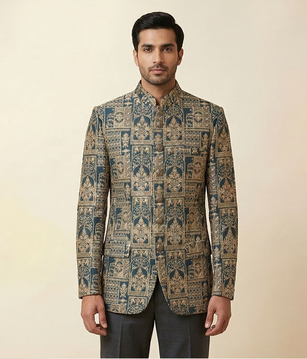 Gold Navy Royal  Sequence Embroidered Raw Silk Prince Coat