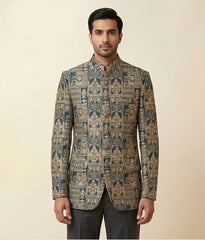 Gold Navy Royal  Sequence Embroidered Raw Silk Prince Coat