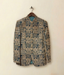Gold Navy Royal  Sequence Embroidered Raw Silk Prince Coat